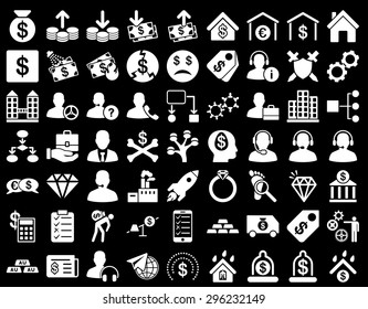 Commerce Icons. These flat icons use white color. Vector images are isolated on a black background.
