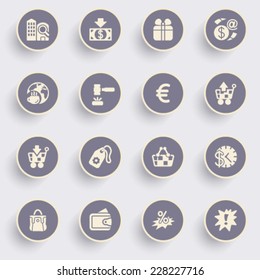 Commerce icons with white buttons on gray background.