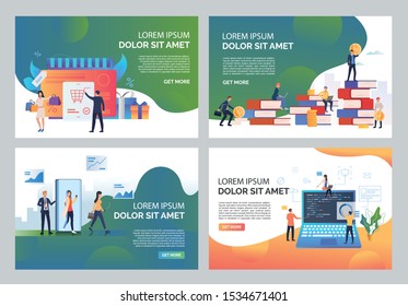 Commerce illustration set. People doing shopping, studying finance, programming. Business concept. Vector illustration for landing pages, presentation slide templates