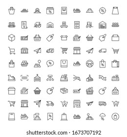 Conjunto de iconos de línea de comercio. Colección de logotipo de esquema negro de alta calidad para conceptos móviles y aplicaciones web. El comercio está en un estilo moderno y plano. Ilustración del vector en un fondo blanco