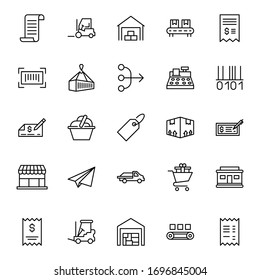 Conjunto de iconos de línea de comercio. Colección de logotipo de esquema negro de alta calidad para conceptos móviles y aplicaciones web. El comercio está en un estilo moderno y plano. Ilustración del vector en un fondo blanco