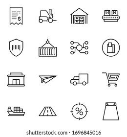 Conjunto de iconos de línea de comercio. Colección de logotipo de esquema negro de alta calidad para conceptos móviles y aplicaciones web. El comercio está en un estilo moderno y plano. Ilustración del vector en un fondo blanco