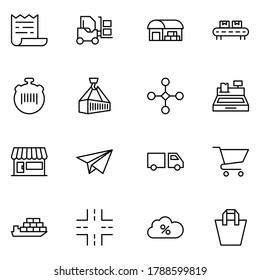 Conjunto de iconos de línea de comercio. Colección de logotipo de esquema negro de alta calidad para conceptos móviles y aplicaciones web. El comercio está en un estilo moderno y plano. Ilustración vectorial en fondo blanco
