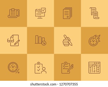 Commerce line icon set. Fax machine, clock in fire, documents. Business concept. Can be used for topics like time management, planning, banking