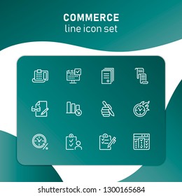 Commerce line icon set. Fax machine, clock in fire, documents. Business concept. Can be used for topics like time management, planning, banking