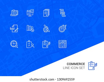 Commerce line icon set. Fax machine, clock in fire, documents. Business concept. Can be used for topics like time management, planning, banking