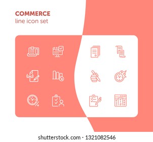 Commerce line icon set. Fax machine, clock in fire, documents. Business concept. Can be used for topics like time management, planning, banking