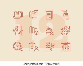Commerce line icon set. Fax machine, clock in fire, documents. Business concept. Can be used for topics like time management, planning, banking