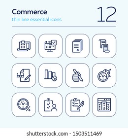 Commerce line icon set. Fax machine, clock in fire, documents. Business concept. Can be used for topics like time management, planning, banking