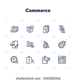 Commerce line icon set. Fax machine, clock in fire, documents. Business concept. Can be used for topics like time management, planning, banking