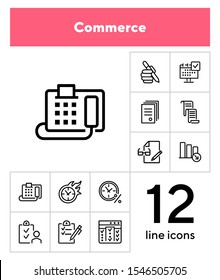 Commerce line icon set. Fax machine, clock in fire, documents. Business concept. Can be used for topics like time management, planning, banking