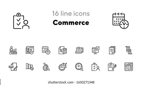 Commerce line icon set. Fax machine, clock in fire, documents. Business concept. Can be used for topics like time management, planning, banking