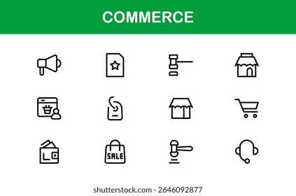 Commerce Line Icon Set – Modern, Professional Thin Outline Icons of Finance, Trade, Banking, Business, Shopping, and Economic Transactions