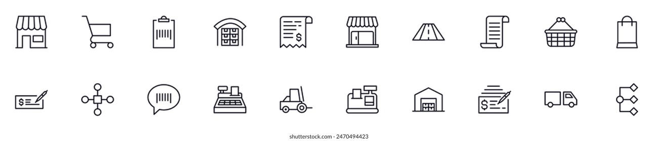Paquete de pictogramas de Vector de línea de comercio. Trazo editable. Ilustración lineal simple que se puede utilizar como elemento de diseño para App y Sitios web 