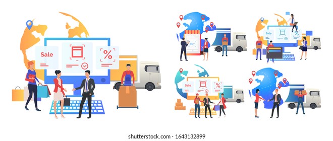 Commerce and logistics set. Courier uploading truck for online store team. Flat vector illustrations. Business, retail concept for banner, website design or landing web page
