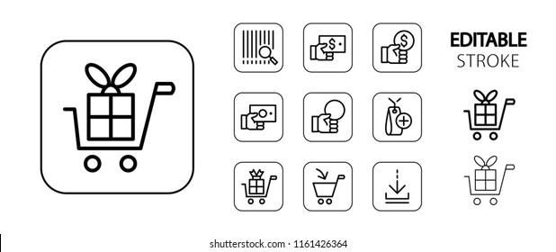 Commerce, marketing, shopping, business icon set. Simple outline web icons. Editable stroke. Vector illustration. 