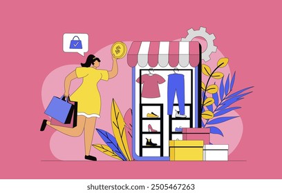 Commerce in mobile app concept with modern flat design for web. Woman looking discounts and deals in online stores, making purchases with safe internet payments, using delivery. Vector illustration.