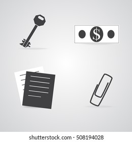 Commerce and Office Items Icons, sich as Dollar Bill, Key, Staple and Paper Sheets. Vector EPS 10