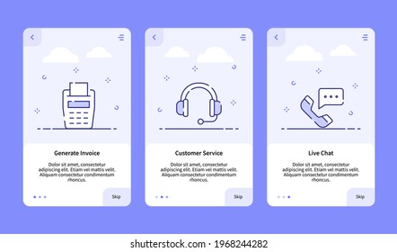 commerce onboarding generate invoice customer service live chat for mobile app banner template with dashed line style