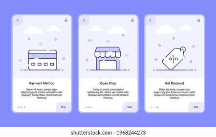 commerce onboarding payment method open shop get discount for mobile app banner template with dashed line style