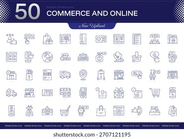 Icono de comercio y trazo en línea. Conjunto de iconos de comercio y línea. paquete de iconos de trazo editable. Línea, delgado, Paquete de icono de estilo lineal. Totalmente personalizable