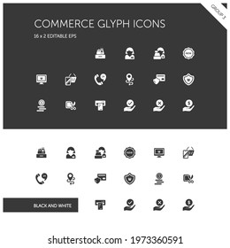 Commerce. People, cashier machine, phone, security, ticket, money and hands group. Isolated icon set on black and white background. Glyph vector illustration