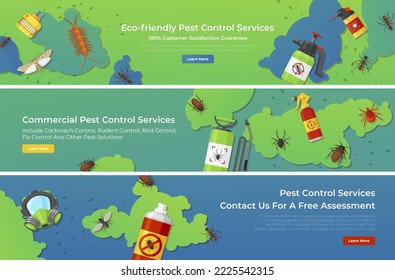 Commerce pest control services internet advertising landing page set vector isometric illustration. Professional eco friendly chemical prevention destroy insect rodent poison aerosol bug removal promo