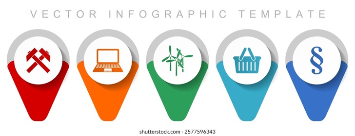 Commerce pointer collection, miscellaneous icons such as mining, laptop, wind turbine, shop basket and law, flat design vector infographic template in eps 10