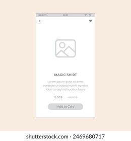 commerce product screen. Vector mobile wireframe editable design for mobile, with sample data and real user interface graphic details ready for ux and ui projects.