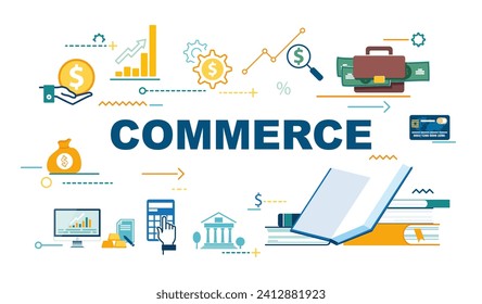 El comercio está relacionado con actividades, la recepción de bienes, servicios de los fabricantes y su entrega a los usuarios, consumidores en el mercado.Desarrollo empresarial. Temas de Stream de comercio.Ilustración vectorial