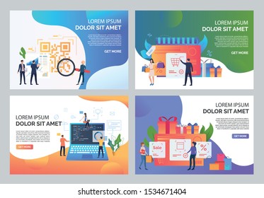 Commerce and sale illustration set. People doing shopping, buying at sale, scanning QR code. Business concept. Vector illustration for landing pages, presentation slide templates