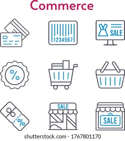 commerce set. included online shop, shop, shopping cart, discount, shopping-basket, credit card, barcode icons. bicolor styles.