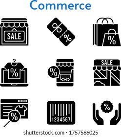 commerce set. included shopping bag, online shop, shop, discount, barcode icons. filled styles.