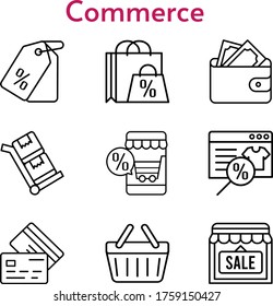 commerce set. included shopping bag, online shop, wallet, shop, price tag, credit card, shopping basket, trolley icons. linear styles.