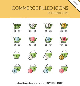 Commerce. Shopping cart and basket group. Store web. Isolated icon set. Filled vector illustration