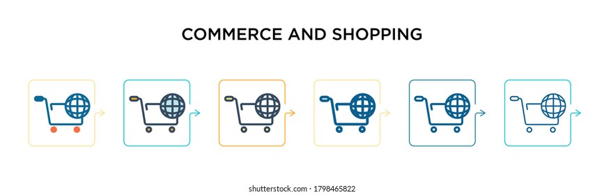 Commerce and shopping vector icon in 6 different modern styles. Black, two colored commerce and shopping icons designed in filled, outline, line and stroke style. Vector illustration can be used for 