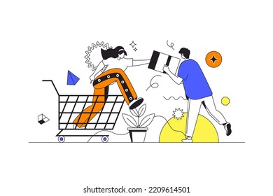 Commerce and shopping web concept in flat outline design with characters. Man and woman makes purchases, looking discounts and great deals in supermarket. E-business people scene. Vector illustration.