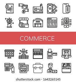 comercio simple iconos conjunto. Contiene iconos como Bill, Bitcoin, Cash back, Shopper, Check, Warehouse, Money, Price list, Online payment puede ser usado para web, móvil y logotipo