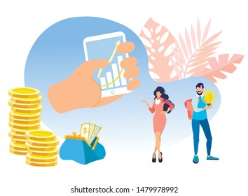 Commerce Solutions for Investments, Analysis Concept Flat Cartoon Vector Illustration. Analysis of Sales, Statistic Grow Data, Accounting. Wallet or Purse with Cash, Coin Piles. Tablet with Graph.