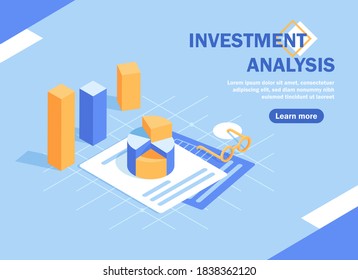 Commerce solutions for investments, analysis concept. Analysis of sales, statistic grow data, accounting infographic. Economic deposits flat isometric illustration