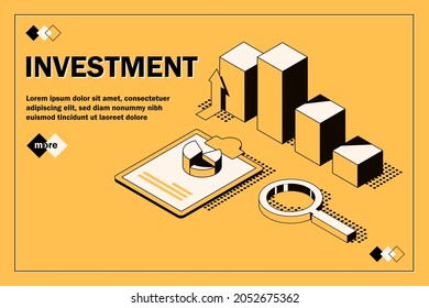 Commerce solutions for investments, analysis concept. Analysis of sales, statistic grow data, accounting infographic. Economic deposits flat isometric illustration