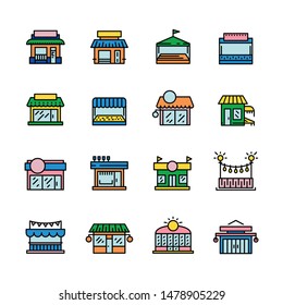 Commerce store front color vector icon. Illustration building facade shop minimalistic flat style. Icon. Icons of commercial buildings and premises for shops and public service companies