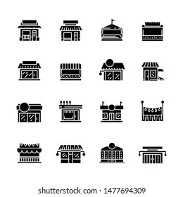 Commerce store front glyph vector icon. Illustration building facade shop minimalistic flat style. Icon. Icons of commercial buildings and premises for shops and public service companies