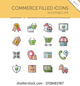 Commerce. Store, tag, security, discount and credit card group. Isolated icon set. Filled vector illustration