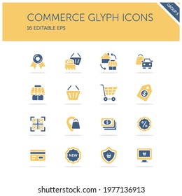 Commerce. Store, tag, security, discount and credit card group. Isolated icon set. Glyph vector illustration