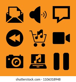 commerce, text, speaker, eject, podium and camcorder icon vector set. Flat vector design with filled icons. Designed for web and software interfaces