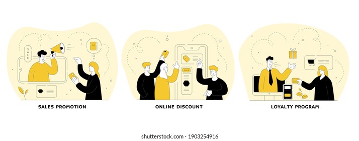 Commerce And Trade In Internet Flat Linear Vector Illustration Set. Sales Promotion, Online Discount, Loyalty Program. E-marketing And Digital Store Sales. People Cartoon Characters