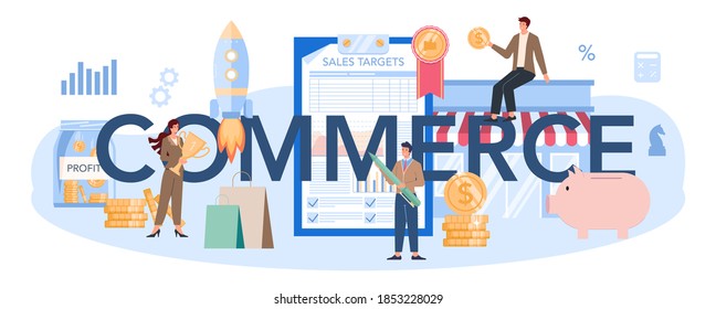 Commerce typographic header. Business planning and sales growth. Sales targeting and marketing optimization concept. Vector illustration in cartoon style