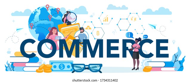 Commerce typographic header concept. Business planning and sales growth. Sales promotion and comercial operations concept. Vector illustration in cartoon style