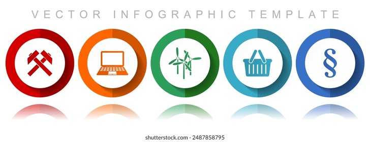 Colección de íconos de Vector de comercio, íconos varios como minería, computadora portátil, turbina eólica, cesta de la tienda y ley, Plantilla infográfica de diseño plano en eps 10